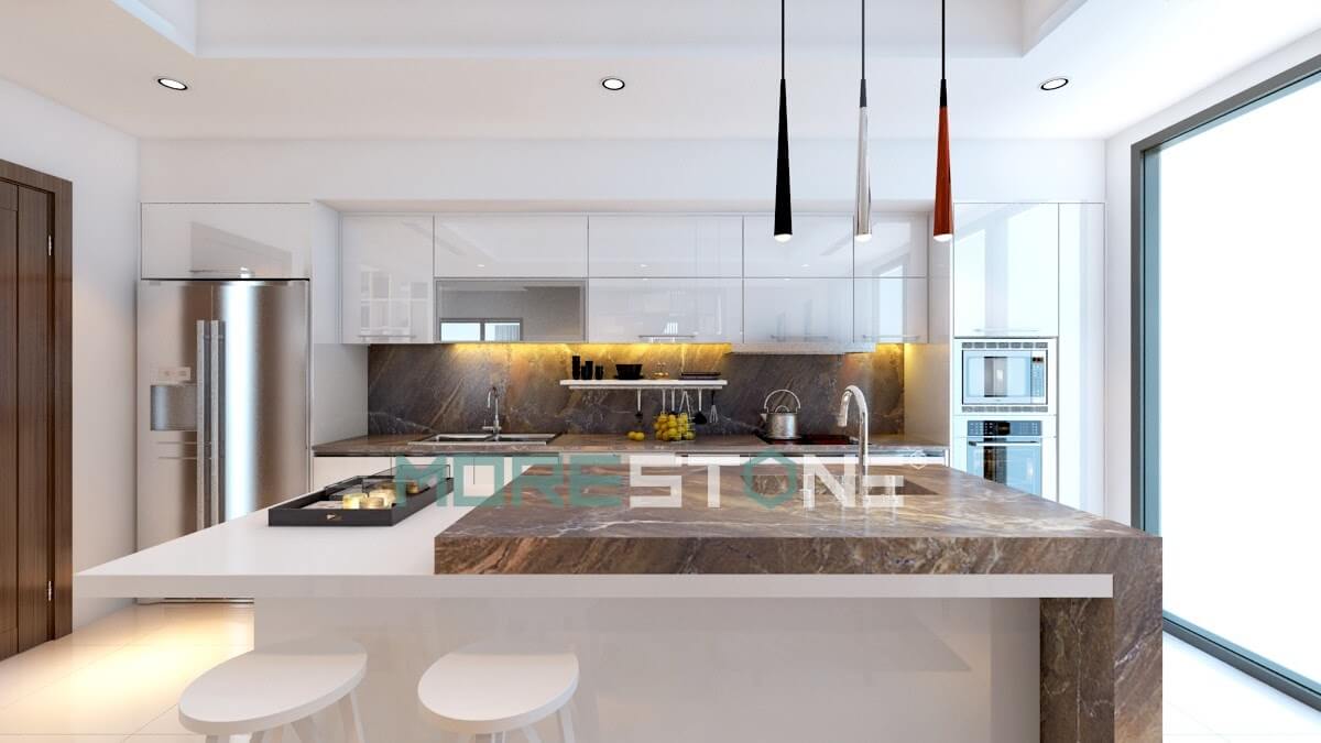 Xu hướng mới gia chủ sử dụng đồng bộ mặt bếp và tường bếp bằng ốp đá để tăng tính thẩm mỹ, hợp vệ sinh trong thiết kế bếp Đá ốp tường bếp đep, cao cấp