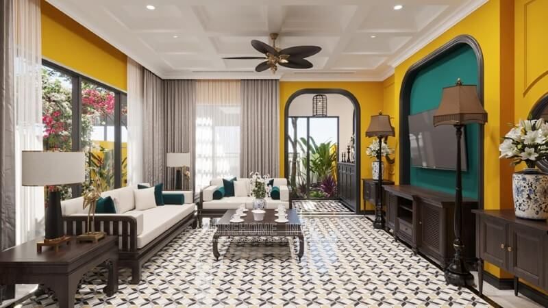 Mẫu thiết kế nội thất phòng khách biệt thự phong cách á đông