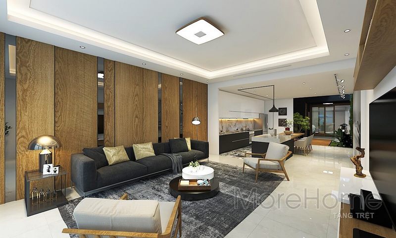 Thiết kế nội thất phòng khách với nội thất gỗ đẹp hiện đại tại nhà phố VinCom