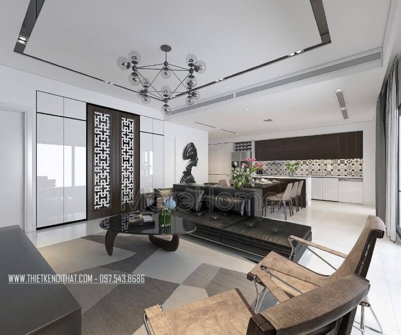 Nội thất phòng khách chung cư được sắp xếp vô cùng hợp lí, không chỉ mang lại một không gian sinh hoạt chung sang trọng, thanh lịch mà không kém phần tiện nghi